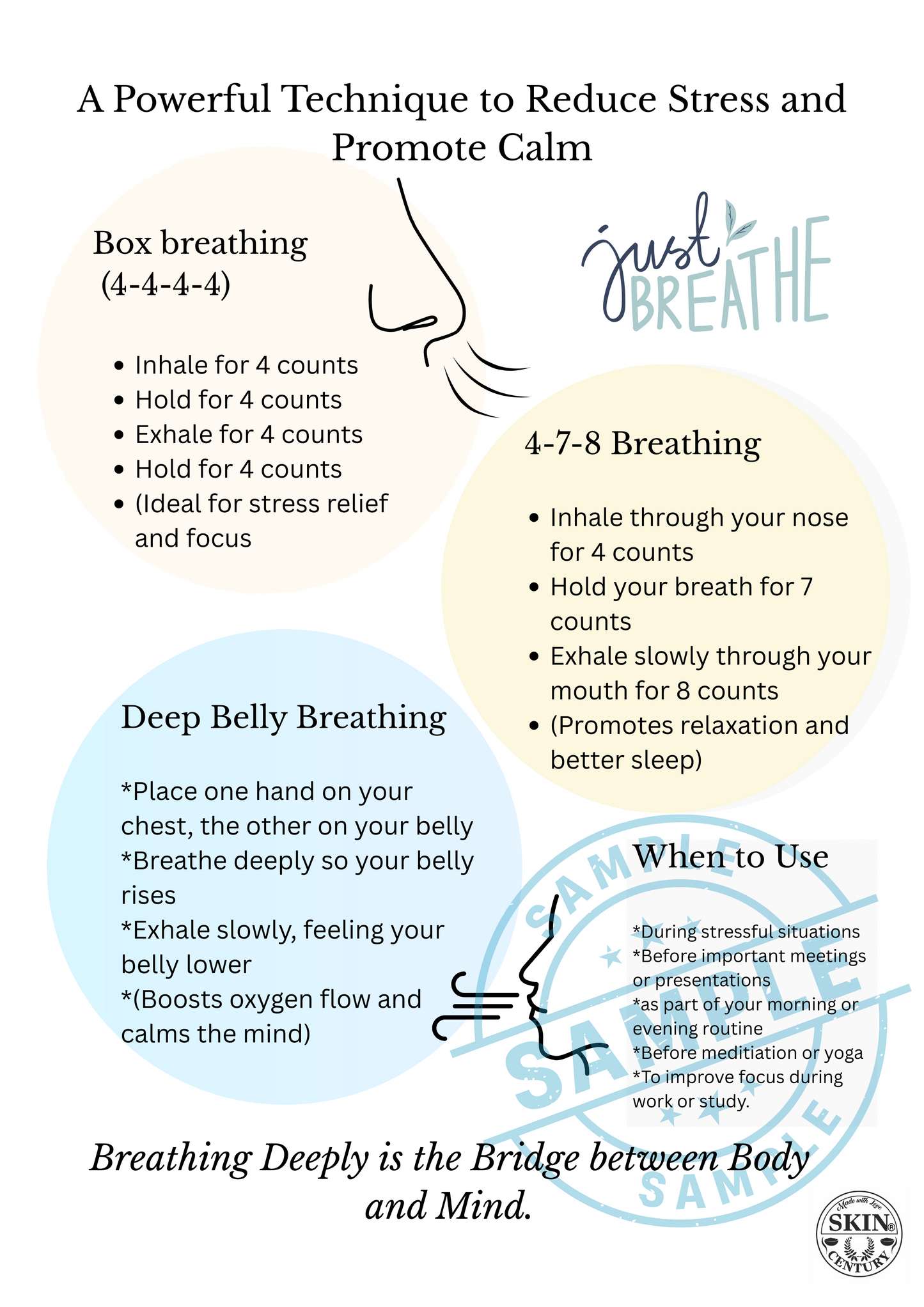 Breathing Exercise Guide Printable: Box, 4-7-8 & Deep Belly Breathing (PDF Download A4 Size)