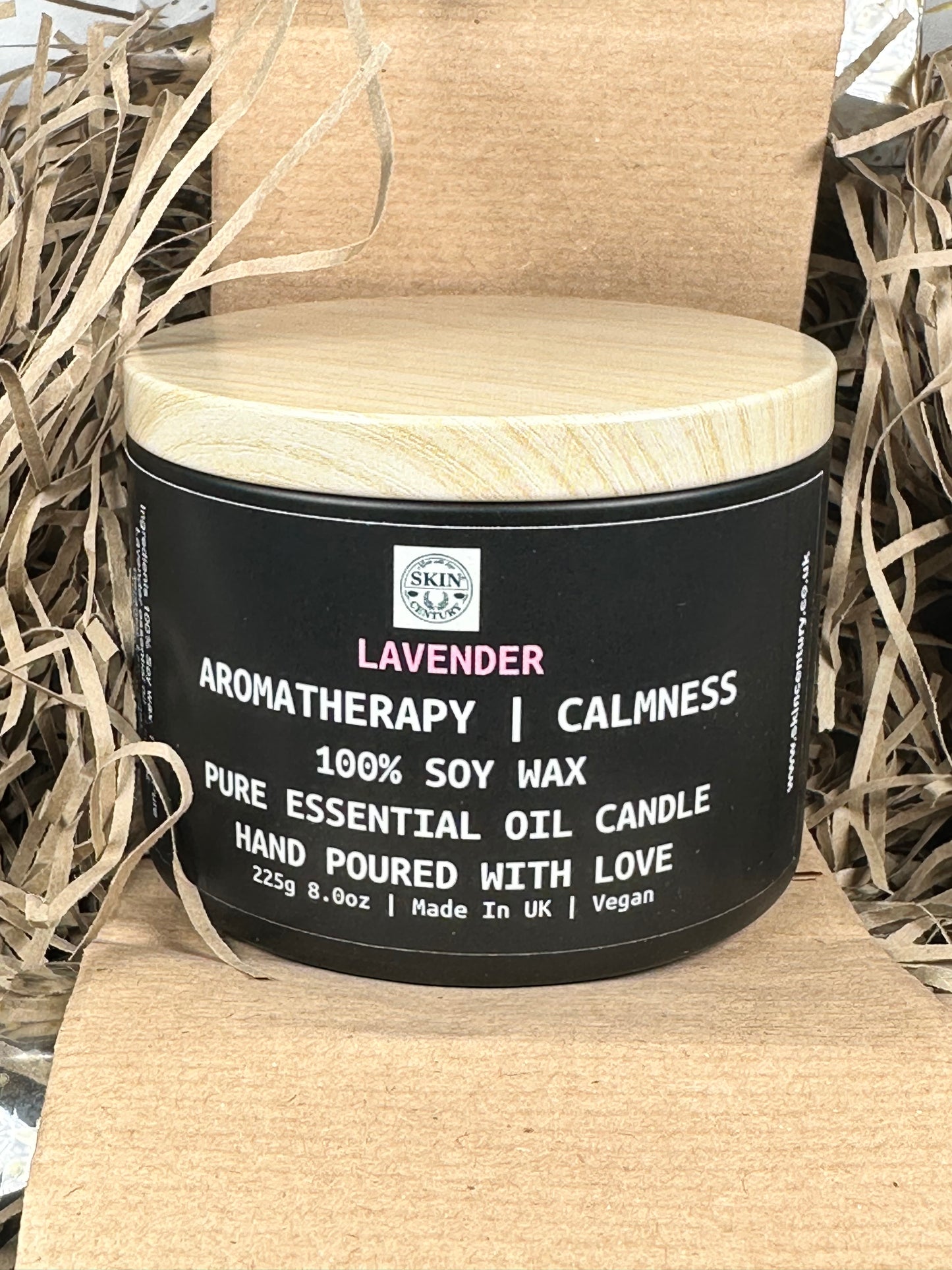 Hand-poured lavender essential oil candle, eco-friendly soy wax.