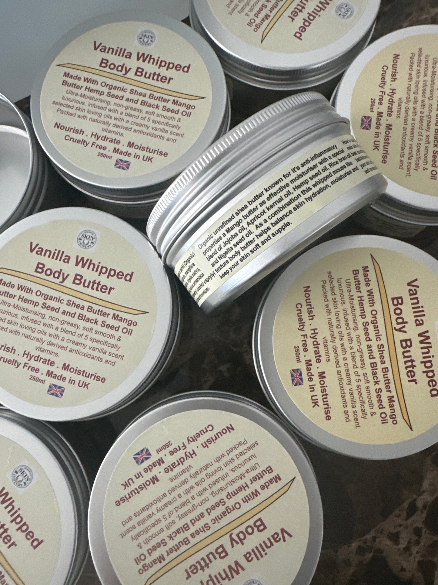 Whipped vanilla body butter cream for silky, hydrated skin