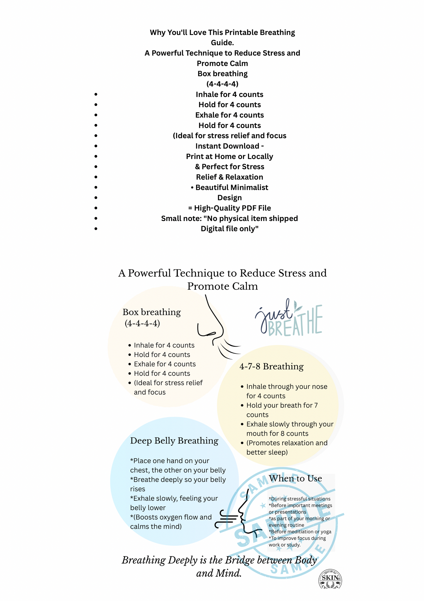Breathing Exercise Guide Printable: Box, 4-7-8 & Deep Belly Breathing (PDF Download A4 Size)