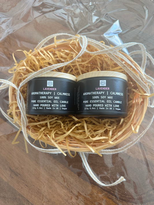 Lavender Aromatherapy Soy Candle Gift Set: Calming Vegan Candles | set of 2. Gift wrapped.
