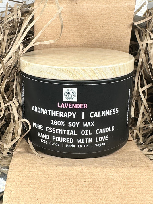 Hand-poured lavender essential oil candle, eco-friendly soy wax.
