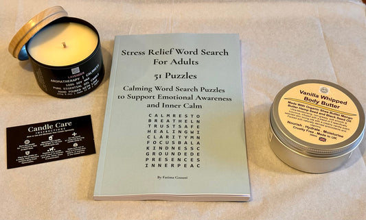 Complete Comfort & Calm Bundle.  Set includes Stress Relief Word Search book, Lavender/Unscented Soy Candle, Candle Care Card & Vanilla Body Butter Moisturiser.
