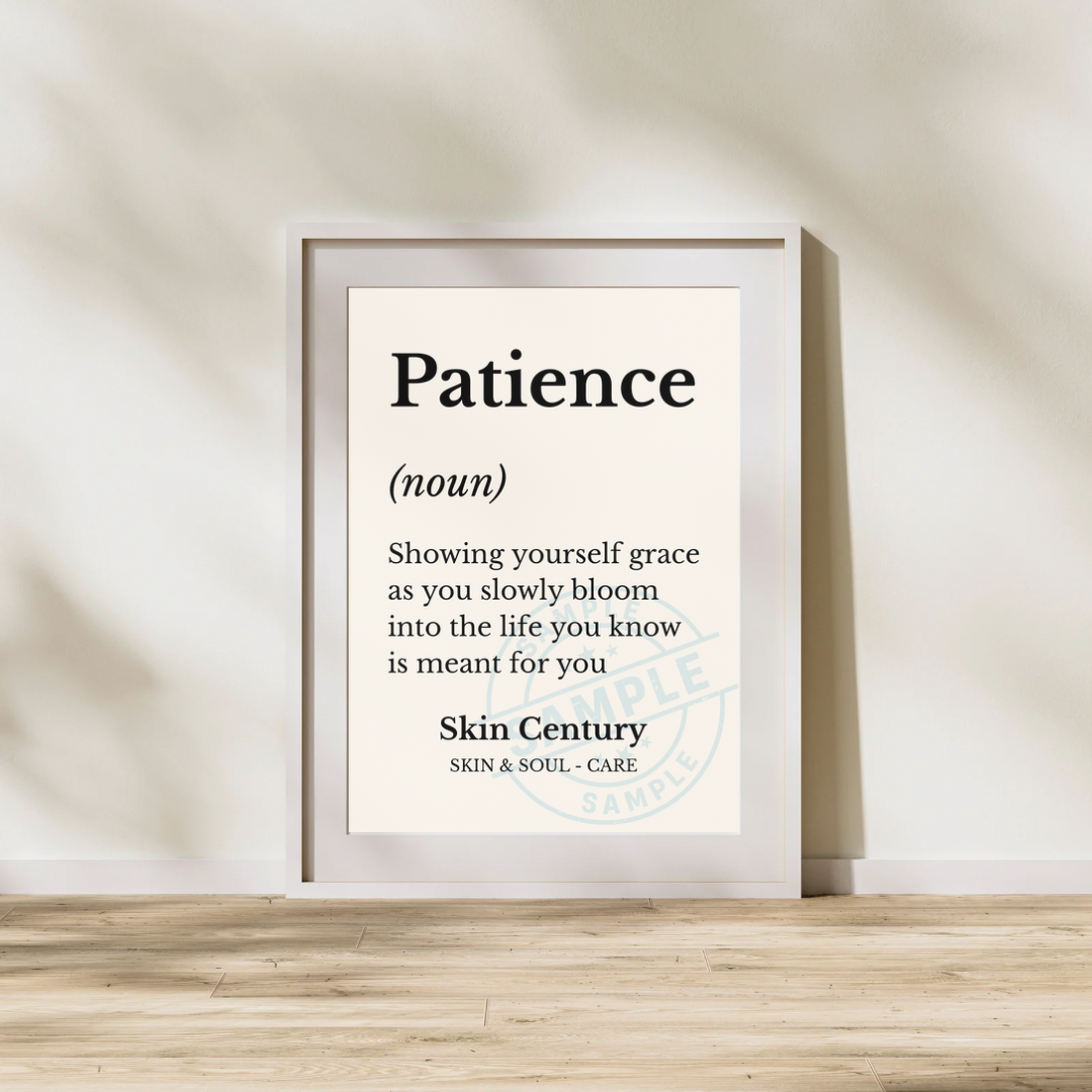 Framed print with the word 'Patience' and its definition on a neutral background