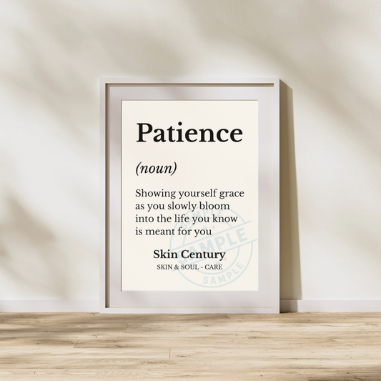 Framed print with the word 'Patience' and its definition on a neutral background